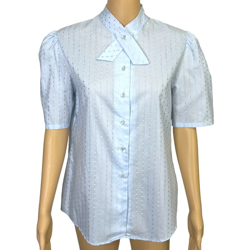 RARE Vintage Shapely Womens 14 Light Blue Button Up Short Sleeve Blouse‎ Shirt